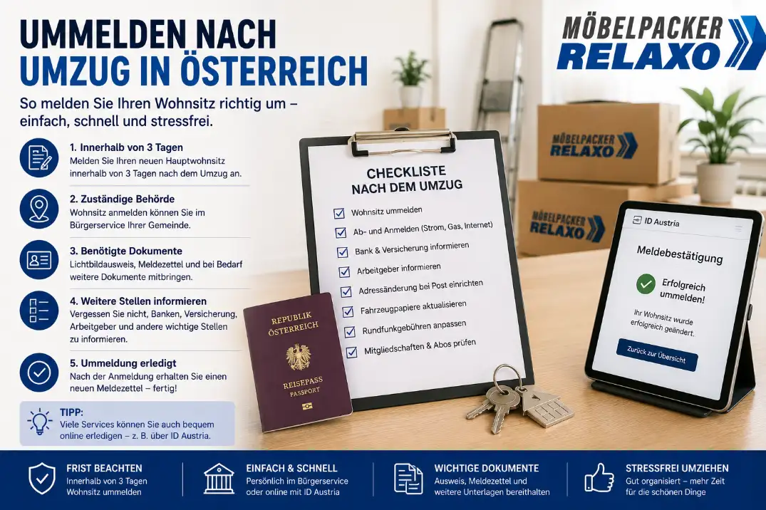 Unterlagen und Meldezettel für die Ummeldung des Wohnsitzes nach einem Umzug