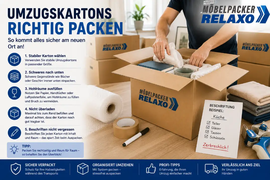 Fachgerecht gepackte und beschriftete Umzugskartons vor dem Abtransport